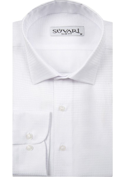 Slim Fit Armür Desenli Beyaz Erkek Gömlek