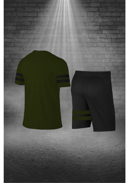 Erkek Haki Dri-Fit Kumaş Baskısız Yuvarlak Yaka Kısa Kol Tişört Şort Alt Üst Spor Takım (S-3xl)