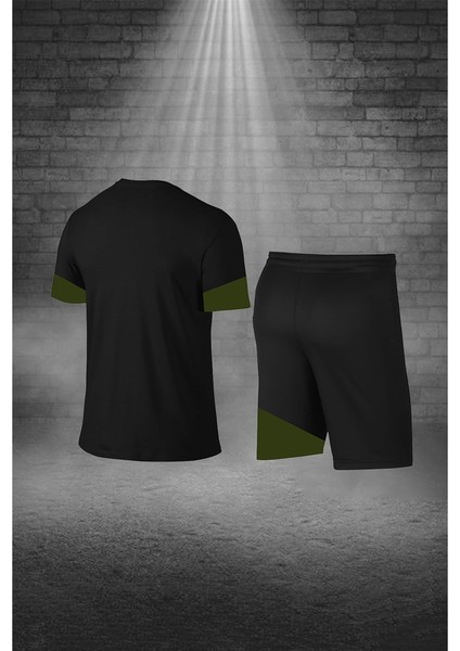 Erkek Siyah Dri-Fit Kumaş Baskısız Yuvarlak Yaka Kısa Kol Tişört Şort Alt Üst Takımı (S-3xl)
