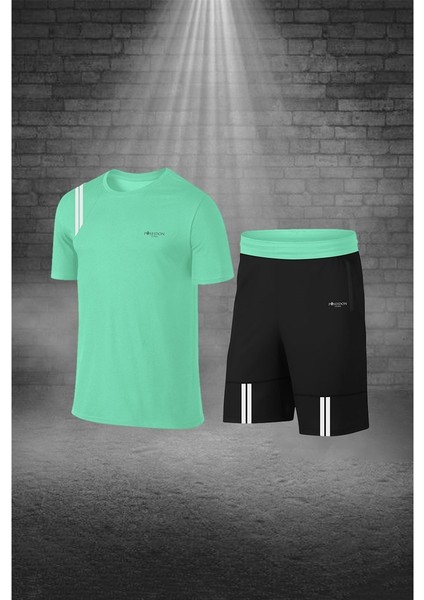 Erkek Su Yeşili Dri-Fit Kumaş Cepli Bisiklet Yaka Sporcu Günlük Tişört Şort Ikili Takım (S-3xl)