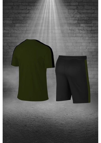 Erkek Haki Dri-Fit Kumaş Yürüyüş ve Koşu Için Konforlu Cepli Sıfır Yaka Tişört Şort Ikili Alt Üst Seti (S-3xl)