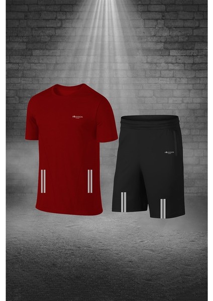 Erkek Bordo Dri-Fit Kumaş Günlük Rahat Kısa Kol Tişört Şort Spor Takım Seti (S-3xl)