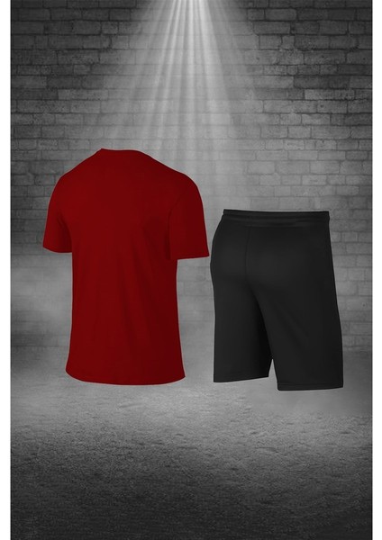 Erkek Bordo Dri-Fit Kumaş Günlük Rahat Kısa Kol Tişört Şort Spor Takım Seti (S-3xl)