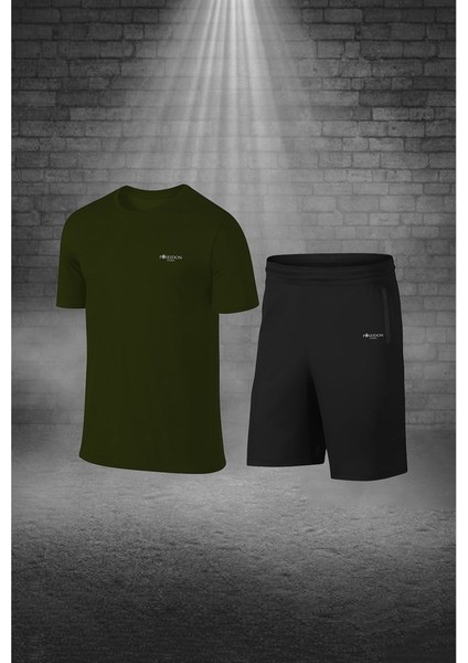 Erkek Haki Dri-Fit Kumaş Yürüyüş ve Koşu Için Baskısız Günlük Tişört Şort Takımı (S-3xl)