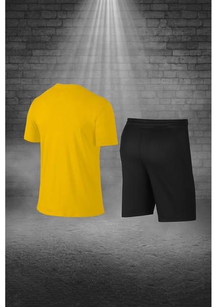 Erkek Sarı Dri-Fit Kumaş Rahat Günlük Sporcu Konforlu Tişört Şort Koşu Seti (S-3xl)
