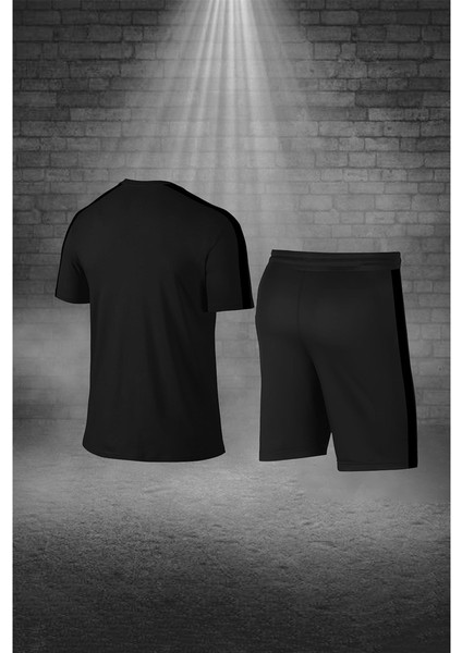 Erkek Siyah Dri-Fit Kumaş Yuvarlak Yaka Cepli Şık Konforlu Tişört Şort Seti (S-3xl)