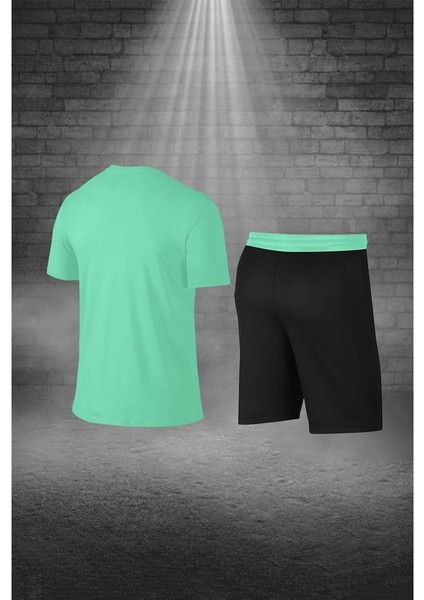 Büyük Beden Erkek Su Yeşili Dri-Fit Kumaş Cepli Bisiklet Yaka Sporcu Günlük Tişört Şort Ikili Takım (4XL-10XL) fırsatları