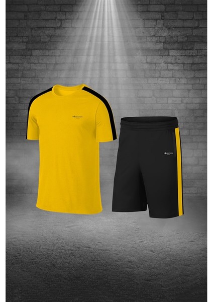 Erkek Sarı Dri-Fit Kumaş Düz Kısa Kol Konforlu Tişört Şort Alt Üst Ikili Takım Seti (S-3xl)