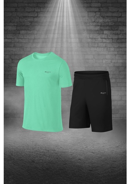 Büyük Beden Erkek Su Yeşili Dri-Fit Kumaş Cepli Düz Kısa Kol Konforlu Tişört Şort Alt Üst Ikili Takım Seti (4XL-10XL)