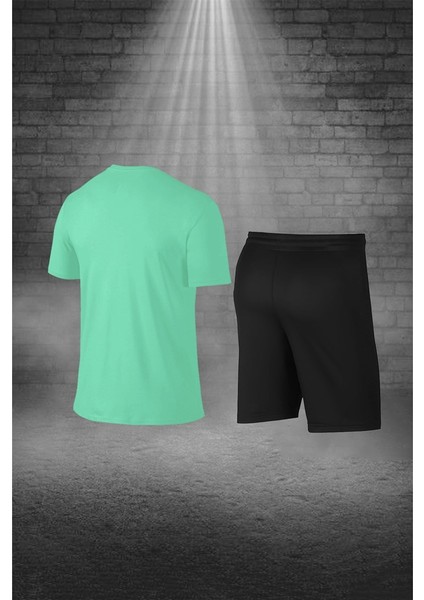 Büyük Beden Erkek Su Yeşili Dri-Fit Kumaş Cepli Düz Kısa Kol Konforlu Tişört Şort Alt Üst Ikili Takım Seti (4XL-10XL)