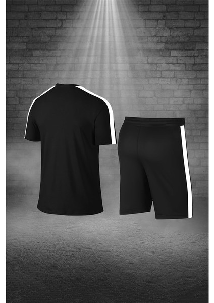 Erkek Siyah Dri-Fit Kumaş Baskısız Yuvarlak Yaka Kısa Kol Tişört Şort Alt Üst Takımı (S-3xl)