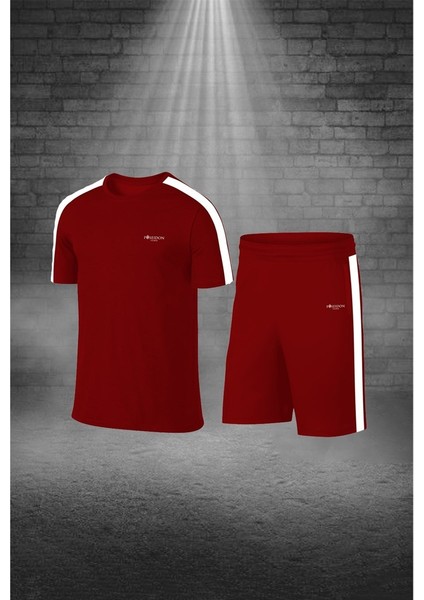 Erkek Bordo Dri-Fit Kumaş Spor Için Konforlu Cepli Kısa Kol Tişört Şort Ikili Takım (S-3xl)