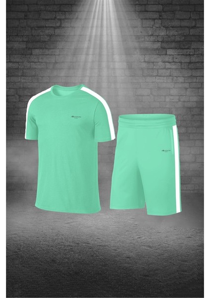 Büyük Beden Erkek Su Yeşili Dri-Fit Kumaş Baskısız Yuvarlak Yaka Kısa Kol Tişört Şort Alt Üst Spor Takım (4XL-10XL)