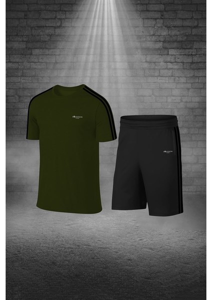 Büyük Beden Erkek Haki Dri-Fit Kumaş Yürüyüş ve Koşu Için Konforlu Cepli Sıfır Yaka Tişört Şort Ikili Alt Üst Set (4XL-10XL)