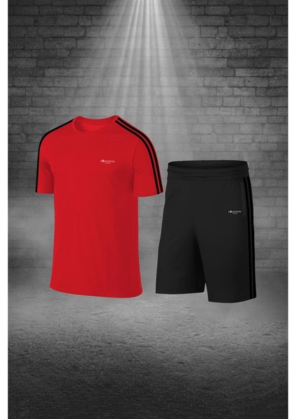 Büyük Beden Erkek Kırmızı Dri-Fit Kumaş Baskısız Yuvarlak Yaka Kısa Kol Tişört Şort Alt Üst Takım (4XL-10XL)