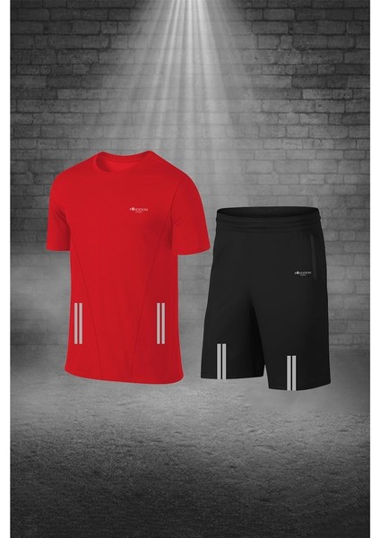 Büyük Beden Erkek Kırmızı Dri-Fit Kumaş Cepli Sporcu Rahat Konforlu Tişört Şort Alt Üst Ikili Takım (4XL-10XL)