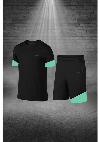 Büyük Beden Erkek Siyah Dri-Fit Kumaş Yürüyüş ve Koşu Için Konforlu Cepli Sıfır Yaka Tişört Şort Ikili Alt Üst Seti (4XL-10XL)