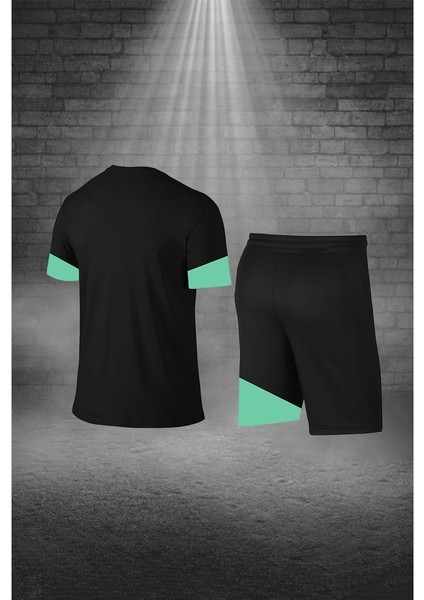 Büyük Beden Erkek Siyah Dri-Fit Kumaş Yürüyüş ve Koşu Için Konforlu Cepli Sıfır Yaka Tişört Şort Ikili Alt Üst Seti (4XL-10XL)