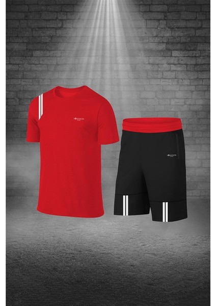 Büyük Beden Erkek Kırmızı Dri-Fit Kumaş Spor Için Konforlu Cepli Bisiklet Yaka Tişört Şort Alt Üst Takım (4XL-10XL)