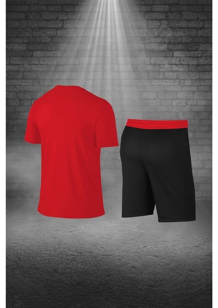 Büyük Beden Erkek Kırmızı Dri-Fit Kumaş Spor Için Konforlu Cepli Bisiklet Yaka Tişört Şort Alt Üst Takım (4XL-10XL)