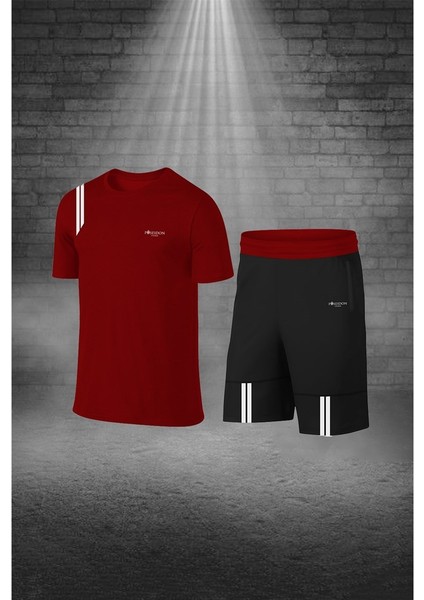 Battal Beden Erkek Bordo Dri-Fit Kumaş Cepli Baskısız Bisiklet Yaka Tişört Şort Sporcu Alt Üst Takım (4XL-10XL)