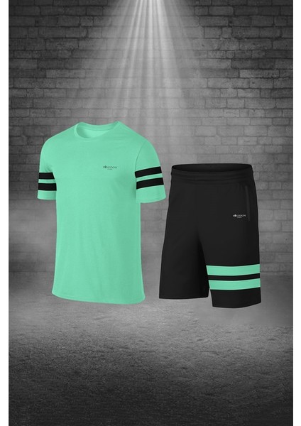 Büyük Beden Erkek Su Yeşili Dri-Fit Kumaş Yürüyüş ve Koşu Için Konforlu Cepli Sıfır Yaka Tişört Şort Ikili Alt Üst Seti (4XL-10XL)