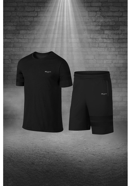 Oversize Erkek Siyah Dri-Fit Kumaş Baskısız Yuvarlak Yaka Kısa Kol Tişört Şort Alt Üst Takım (4XL-10XL)