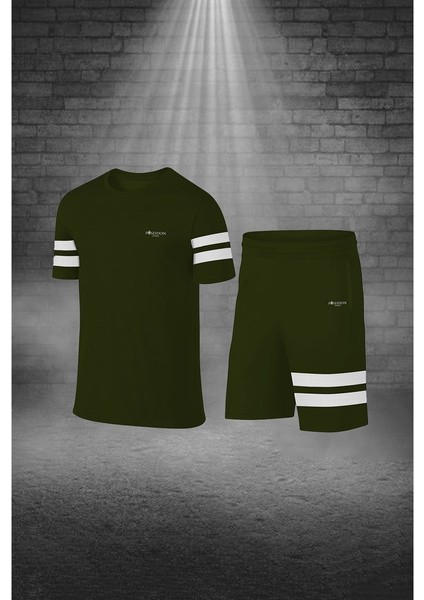 Büyük Beden Erkek Haki Dri-Fit Kumaş Koşu ve Yürüyüş Için Rahat Konforlu Tişört Şort Takımı (4XL-10XL)
