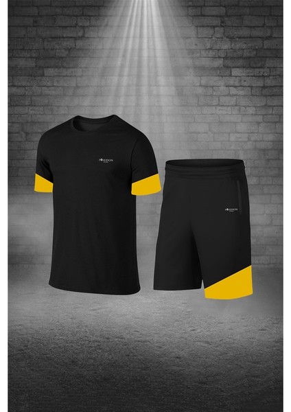 Büyük Beden Erkek Siyah Dri-Fit Kumaş Baskısız Yuvarlak Yaka Kısa Kol Regular Tişört Şort Alt Üst Ikili Takım (4XL-10XL)