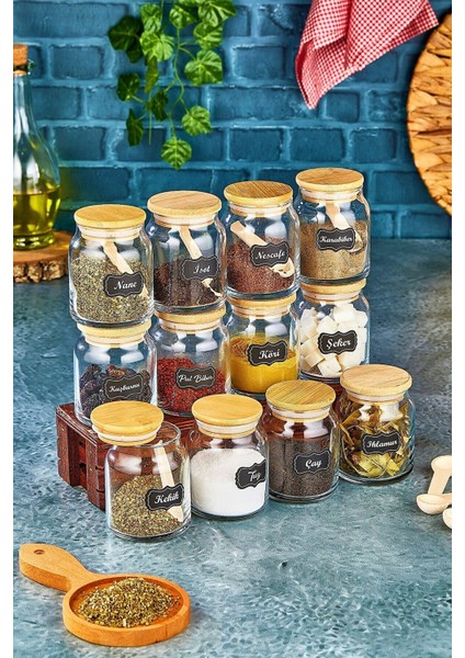 Etiketli 300 ml 12 Adet Kavanoz ve 12 Adet Mini Baharat Kaşığı - 24 Parça Baharat Seti