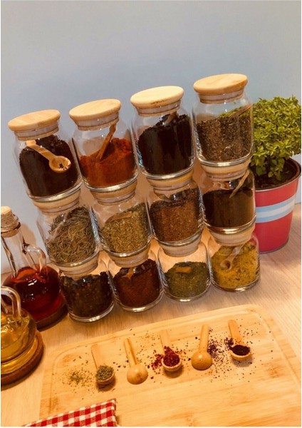 Etiketli 300 ml 12 Adet Kavanoz ve 12 Adet Mini Baharat Kaşığı - 24 Parça Baharat Seti
