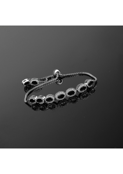 925 Ayar Gümüş Siyah Zirkon Taşlı Oval Model Asansörlü Bileklik