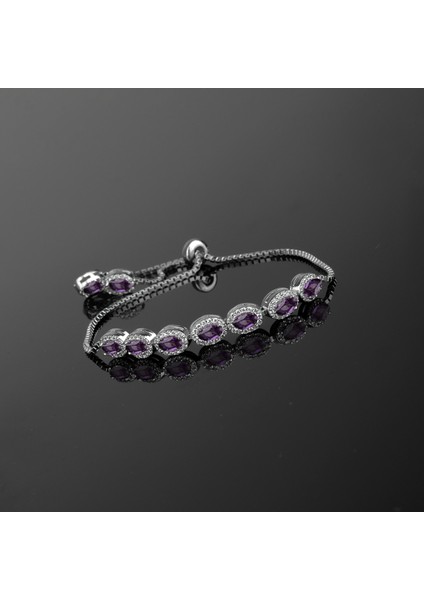 925 Ayar Gümüş Ametist Zirkon Taşlı Oval Model Asansörlü Bileklik fiyatları