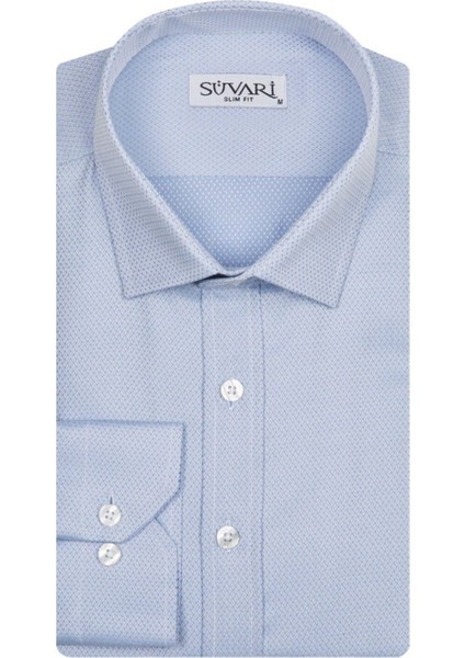 Slim Fit Armür Desenli Mavi Erkek Gömlek