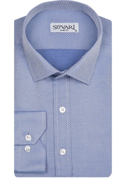 Slim Fit Armür Desenli Mavi Erkek Gömlek