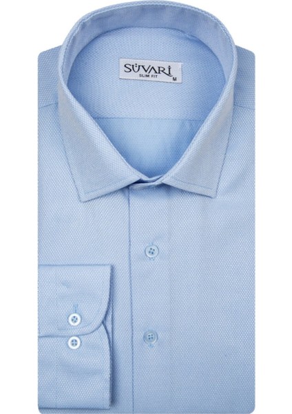 Slim Fit Armür Desenli Mavi Erkek Gömlek