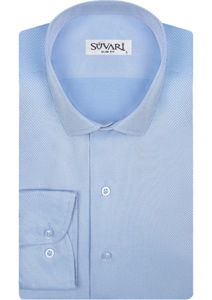 Slim Fit Armür Desenli Mavi Erkek Gömlek