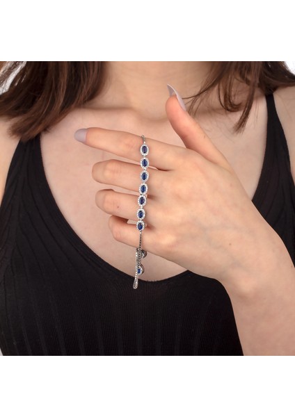 925 Ayar Gümüş Oval Taşlı Safir Model Bileklik