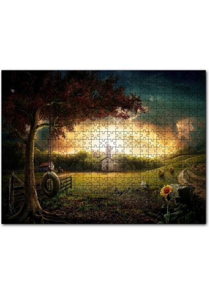 Günbatımında Bulutlar Kilise ve Çayırlar 120 Parça Puzzle Yapboz Mdf (Ahşap)