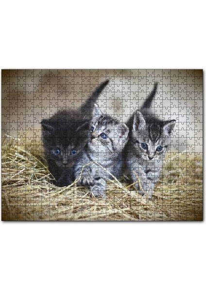 Samanlar Arasında Mavi Gözlü Üç Yavru Kedi 120 Parça Puzzle Yapboz Mdf (Ahşap)