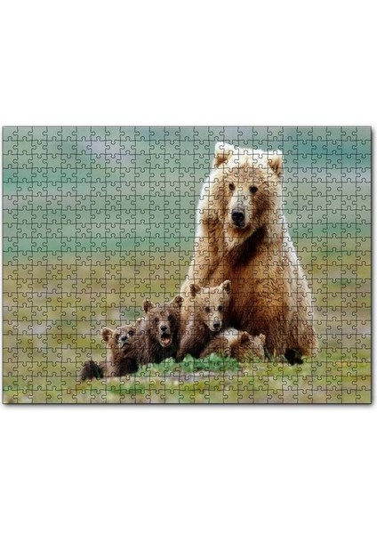 Çayırda Anne Boz Ayı ve Sevimli Yavruları 120 Parça Puzzle Yapboz Mdf (Ahşap)