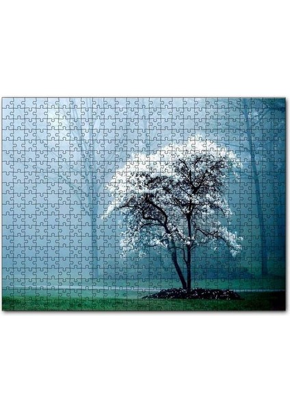Beyaz Çiçekli Ağaç ve Arkada Sisli Orman 120 Parça Puzzle Yapboz Mdf (Ahşap)
