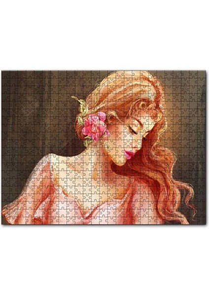 Pembe Çiçekli Bakır Saçlı Kadın 255 Parça Puzzle Yapboz Mdf (Ahşap)
