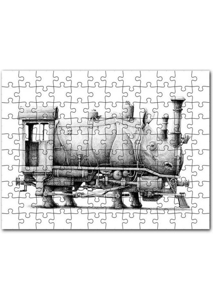 Gergedan ve Lokomotif Karışımı Karakalem 120 Parça Puzzle Yapboz Mdf (Ahşap)
