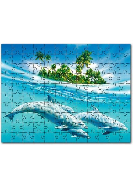 Tropik Ada ve Berrak Sulardaki Yunuslar 120 Parça Puzzle Yapboz Mdf (Ahşap)