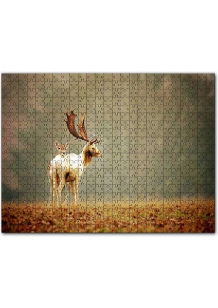 Yerde Sonbahar Yaprakları ve Anne Geyikle Yavrusu 120 Parça Puzzle Yapboz Mdf (Ahşap)