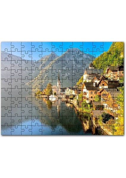 Avusturya Alplerinde Göl Kenarındaki Kasaba 120 Parça Puzzle Yapboz Mdf (Ahşap)