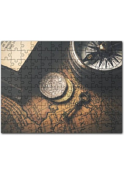 Eski Harita Madeni Paralar Pusula ve Anahtar 255 Parça Puzzle Yapboz Mdf (Ahşap)
