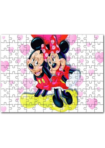 Mickey ve Minnie Mouse Illüstrasyon Pembe 120 Parça Puzzle Yapboz Mdf (Ahşap)