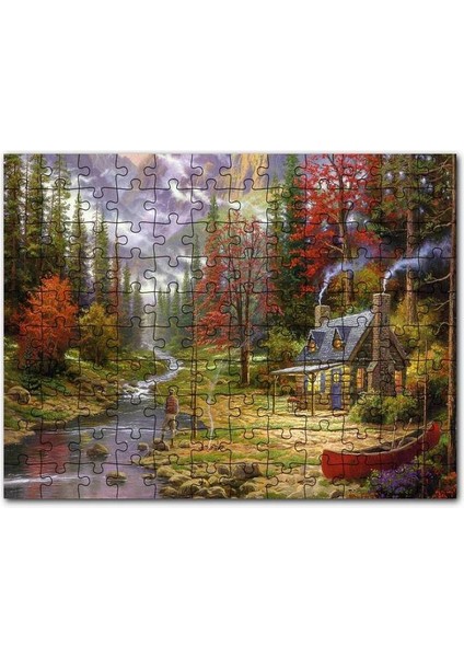 Orman Dere Insan Ev Görseli 120 Parça Puzzle Yapboz Mdf (Ahşap)